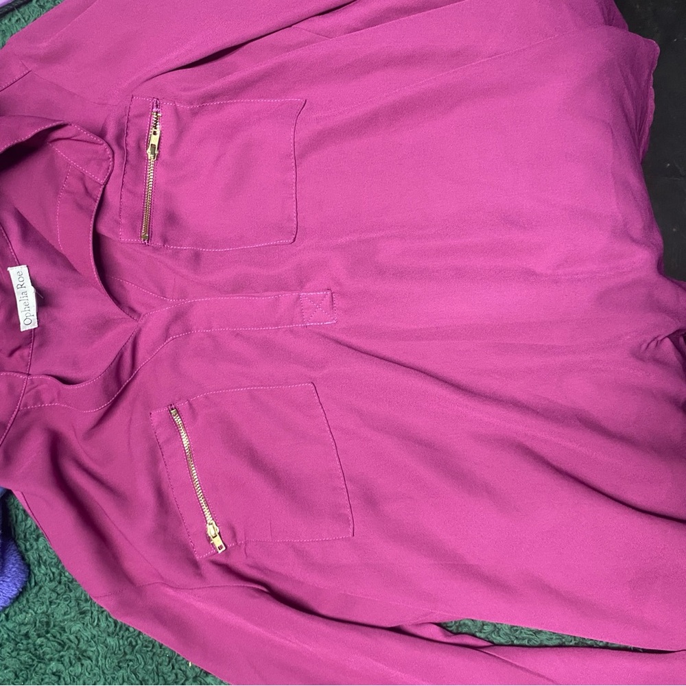 Purple Button-Up Blouse with Zipper Pockets